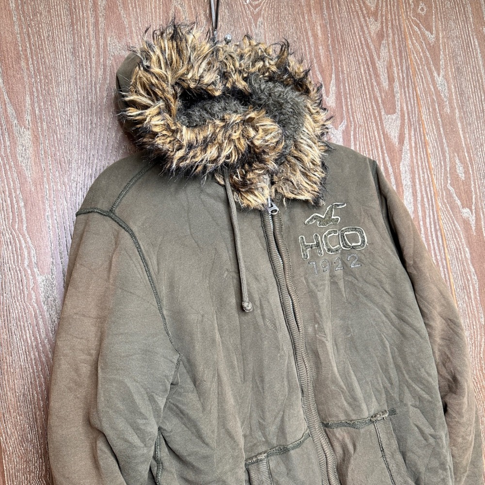 Y2K Hollister California Plaid Lined Jacket Men Med Sage Brown Faux Fur Twilight - Picture 8 of 11